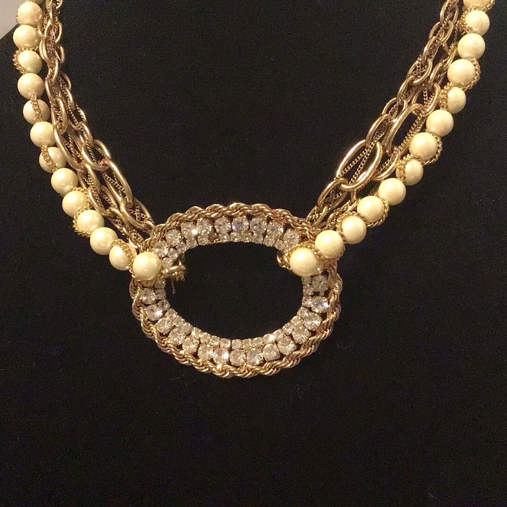 ABS Allen Schwartz Gold and Pearl Necklace with Crystal Circle